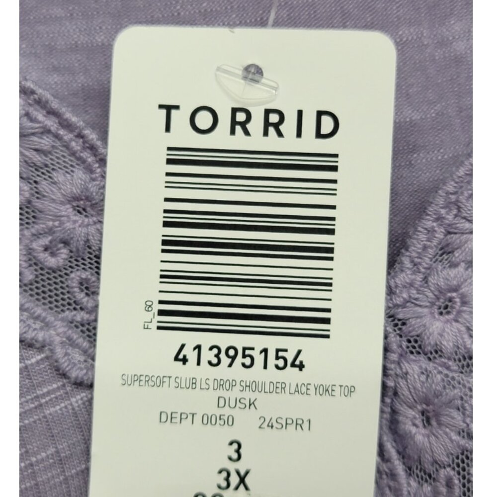 NWT Torrid 3 Super Soft Slub Long Sleeve Drop Shoulder Lace Yoke Top 3X 22 24 - Picture 8 of 10
